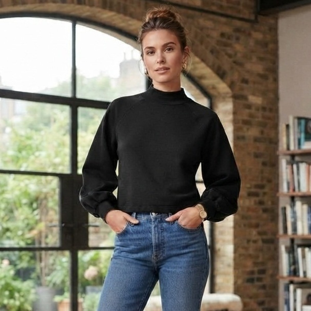 Abercrombie & Fitch Mock Neck Sweatshirt Women M Black Excellent Puff Sleeve